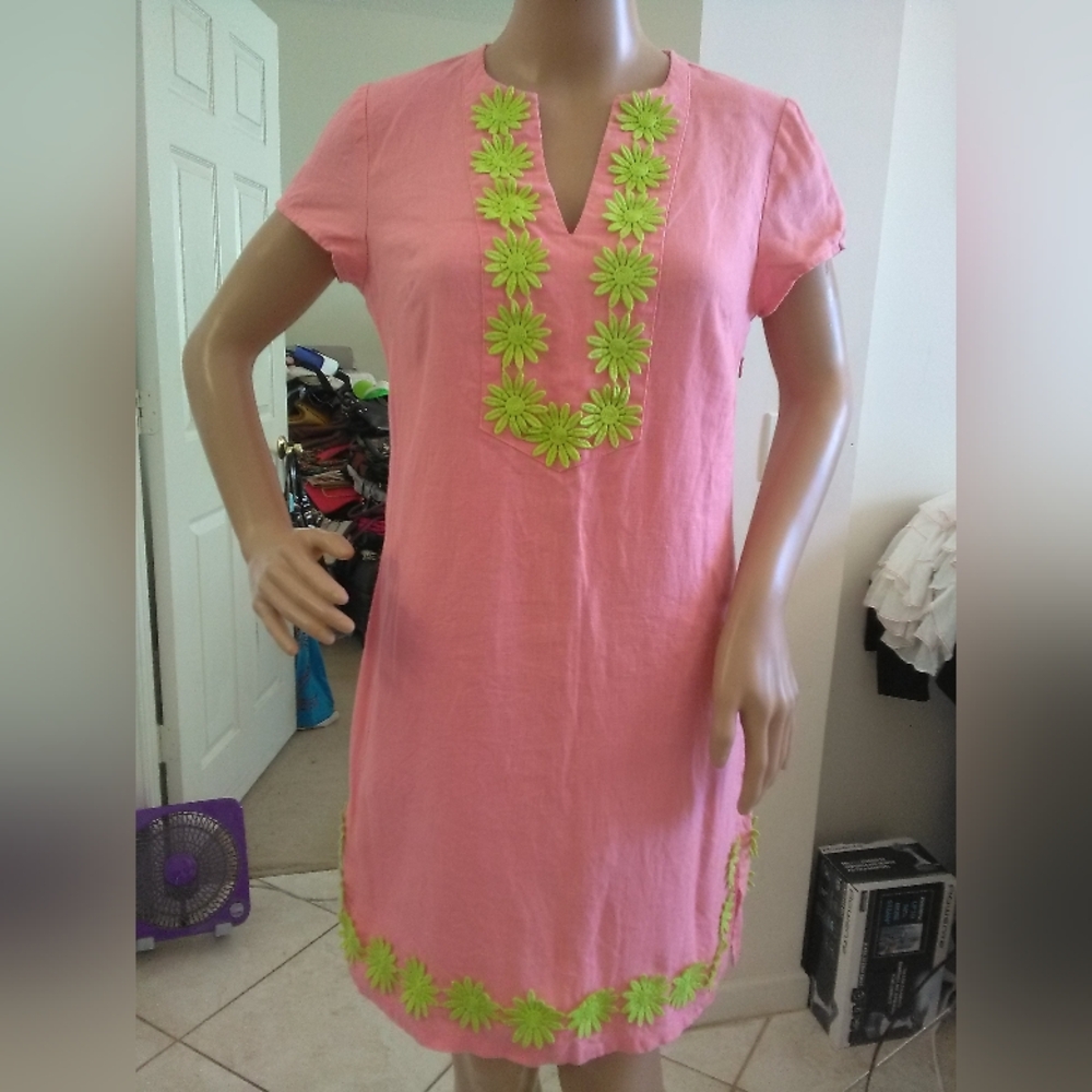 NWOT SAIL TO SABLE LINEN Pink Mini Dress Green Floral Embroidery Sz XS PTP 18-19 - Picture 1 of 8
